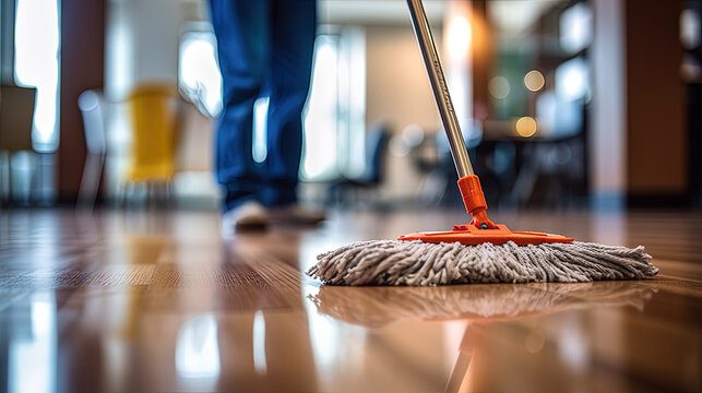A cleaner mopping a floor to a shine